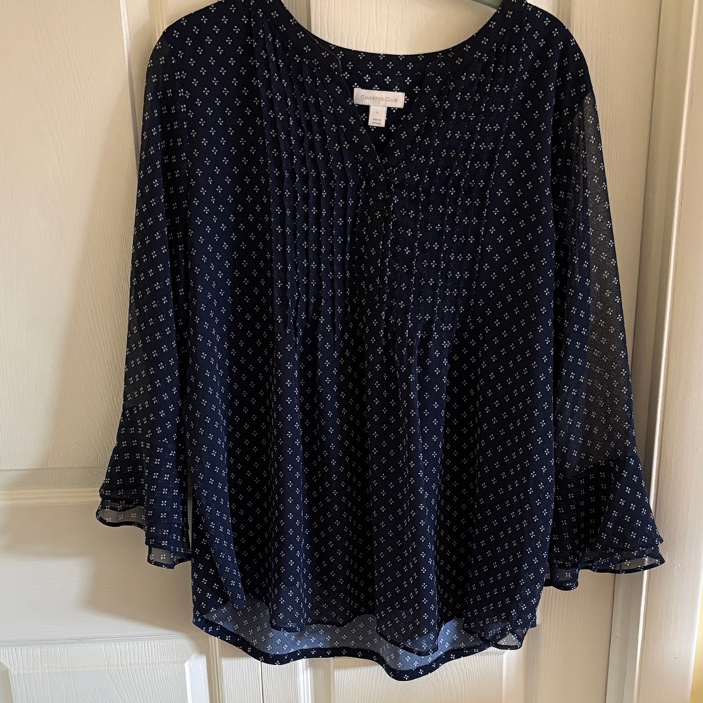 Charter Club Navy Blue Patterned Blouse